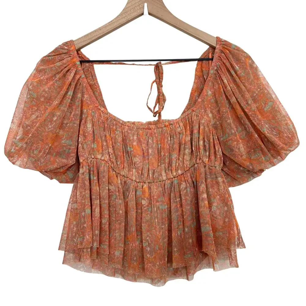 Free People Penelope Blouse Smocked Peplum Dark Orange Mesh Puff Sleeve Top  XS